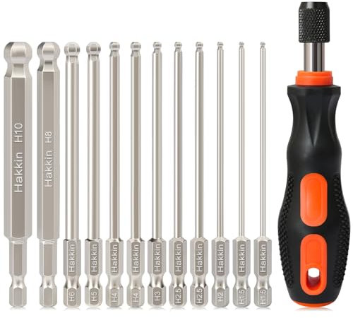 Ball End Allen Key Bit Set Hakkin 100mm Metric Ball End Hex Bits S2 Steel 1/4” Hex Shank Magnetic Allen Wrench Screwdriver Bit with Bit Driver for Furniture Assembly H1.5-H10