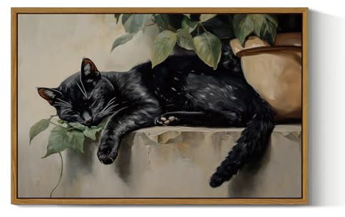 ARPEOTCY Gerahmte Vintage-Wandkunst auf Leinwand, schlafende schwarze Katze, groß, gerahmt, Wandkunst für Wohnzimmer, Schlafzimmer, rustikal, Drucke für Badezimmer, ästhetisch, 40,6 x 61 cm