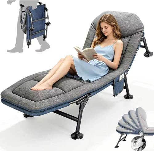 Chaise longue pliable, lit de camping 5 positions, transat pliable avec oreiller et matelas, lit de pêche, parfait pour le camping, intérieur/extérieur