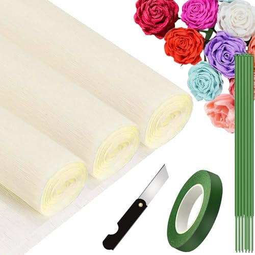 3 Rolls Krepppapier Cremeweiß 25x250cm, Krepppapier Rollen, Nicht Abfärbende Farben, Krepppapier Bunt für DIY Blumen Kunsthandwerk, Geburtstagsfeier, Hochzeit, Festival Ornament (Weiß Creme)