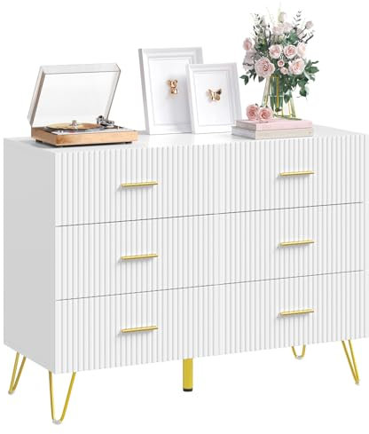 WOLTU Kommode, Sideboard mit 6 Schubladen, Schubladenschrank weiß Gold, Schrank Schlafzimmer Wohnzimmer Flur Küche, mit Füßen, 100x75x40 cm, KMD002ws