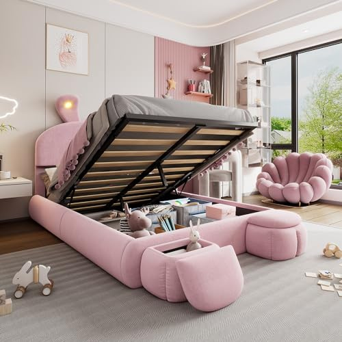 Trdlpyn Letto Imbottito per Bambini 140 * 200cm con Due Sgabelli Contenitore,Orecchie di Coniglio con Luce LED, Lettos Matrimoniale Idraulico,Spazio di Archiviazione Sotto il Letto, Velluto, Rosa