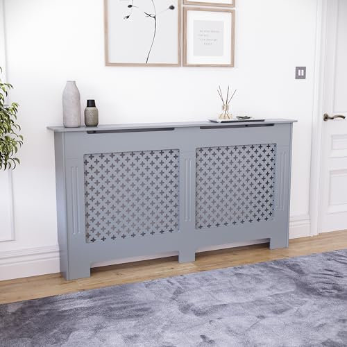 Vida Designs Oxford Radiator Cover – Traditional Cross Pattern, Grey, MDF, Painted Finish, Heat Efficient, Large, (H 82 x W 152 x D 19 cm)