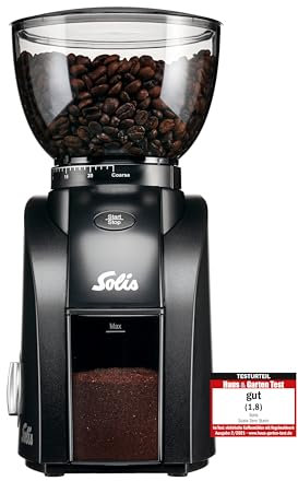 Solis Scala Zero Static Kaffeemühle mit Kegelmahlwerk, Elektrische Kaffeemühle mit 24 einstellbaren Mahlgraden, Coffee Grinder mit 300 g Bohnenbehälter, ZERO STATIC-Technologie, Schwarz