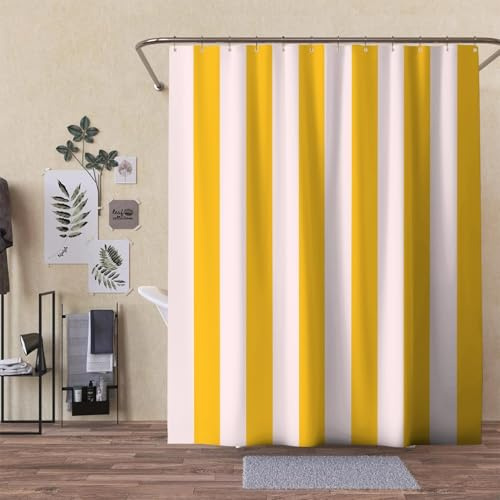 3D Duschvorhang Antischimmel Gelb Vertikale Streifen 120x180 cm Wasserdicht Polyester Waschbar Badvorhang für Badzimmer mit 8 Haken f-3383