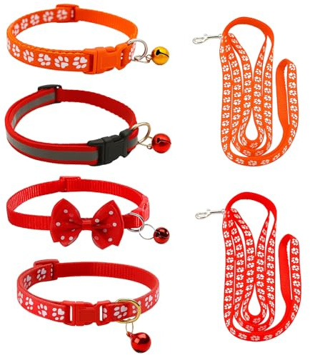 6 Stück Katzenhalsband mit Leine Set – 4 Reflektierende Katzenhalsbänder mit Sicherheitsverschluss und Glöckchen + 2 Katzenleinen 120cm, Verstellbar 19–32cm, Anti-Würgen, Für Katzen & Kätzchen