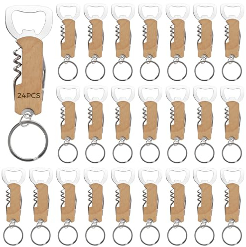 Chewtoyo 24 Pièces Ouvre-bouteilles Multifonctionnels en Porte-clés, Ouvre-bouteilles de Bière Portables avec Poignées en Bois, Ouvre-bouteille en Acier Inoxydable et Décapeur à Feuil avec Porte-clés