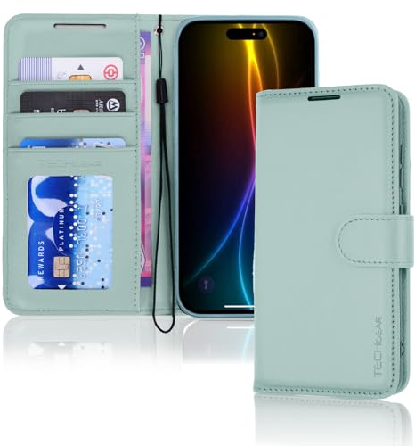 TECHGEAR iPhone 17 Leather Wallet Case with RFID Blocking, Flip Cover with Card & Cash Holder, Kickstand, Wrist Strap, Magnetic Closure - Green PU Leather for iPhone 17 6.3