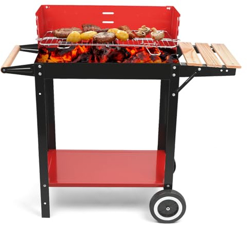 HALNKSZDDD Holzkohlegrill, tragbarer Outdoor-Grill mit Seitentisch und Rädern, klappbarer Grill für Outdoor-Kochen, Camping und Garten (rot)