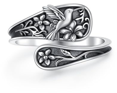 Flyow 925 Sterling Silver Hummingbird Spoon Ring Oxidized Boho-chic Vintage Thumb Rings for Women Unique Azalea Flower Adjustable 6-9 Size Jewelry Chritstmas Thanksgiving Gifts