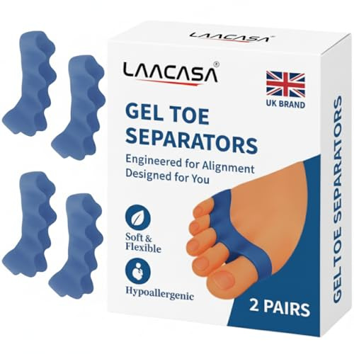LAACASA Toe Separators for Overlapping Toes, 2 Pairs Soft Gel Toe Spacers for Bunion Relief, Silicone Toe Corrector for Hammer Toes & Toe Alignment, Comfortable Washable Toe Spacers for Men Women Blue