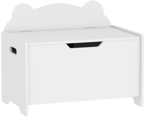 AIYAPLAY Coffre à Jouet Enfant Couvercle Rabattable 60 x 38 x 48 cm Blanc | Coffre de Rangement, Forme d'Ours, Charnière de Sécurité, Rangement Jouet pour Filles et Garçons de 3 à 8 ans