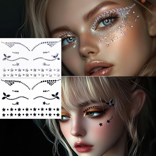 2 Stück Rave Sticker Eyeliner Edelsteine, Strass, Festival, Eyeliner, Gesicht, Bindi Dekorationen, Glitzer, Kristall Aufkleber für Männer, Frauen, Kinder, Halloween, Streich, Make up Kostüm