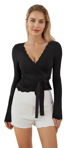 Wickeloberteil Damen Y2K, Tiefer V-Ausschnitt, Spitzenbesatz Wickeloberteil,Workout, Yoga, Ballett, Pilates, Wickel-Shirts (Black, S)