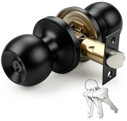 Brotima Keyed Entry Door Knob 1 Pair, Entrance Door Lock, Standard Ball, Matte Black Interior and Exterior Entry Door Knobs, Adjustable Latch (60mm/70mm)
