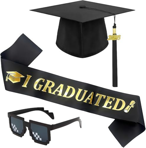 AHEJIOO Doktorhut Set 2026 mit Schärpe und Brille, Schwarzer Bachelor Hut Verstellbar, Graduation Hat für Fotos, Bachelor Geschenk für Abschlussfeier, Graduation Deko und Bachelor Deko für Studenten