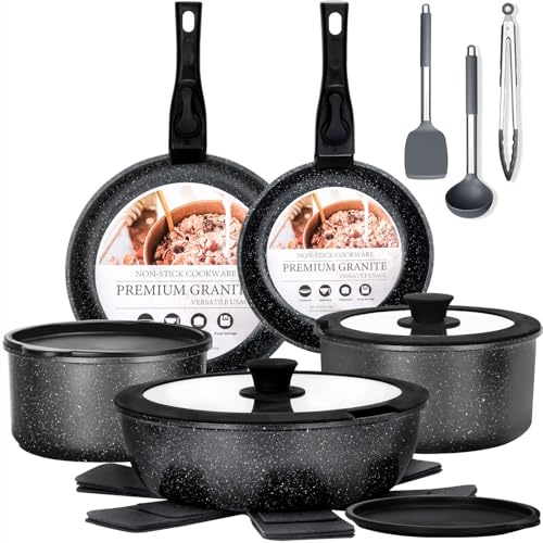 Pots and Pans Set Nonstick, 17pcs Cookware Set with Detachable Handle, Induction Hob Pan Set, RV Kitchen Cookware Removable Handles, Induction Ready, Stackable,Oven Safe,Black