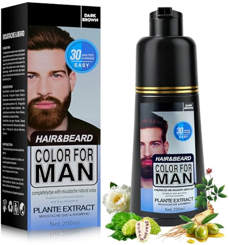 Men's Schnurrbart und Bart Dunkel Braun Farbstoff, Sofortige 100% Eliminiert Grau für Schnurrbart, Bart & Haare, 3 in 1 Bartfarbe, Shampoo & Spülung für Dichteres, Volleres & Natürlich Aussehen 200ML