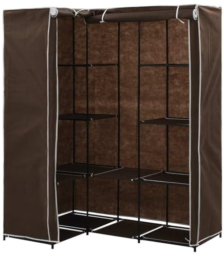 Basinlix Brown Corner Wardrobe with Iron Frame and Dustproof Polyester Cover 130 x 87 x 169 cm, Modern Small Closet with Hanging Rod and Shelves for Bedroom or Guest Room Storage