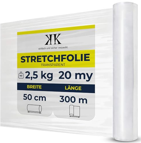 Film étirable KK Verpackungen 500 mm x 300 m | 3 rouleaux, 20my - Véritable film d'emballage de 2,4 kg pour déménagement en transparent | Film d'emballage indéchirable pour meubles