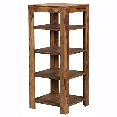 Wohnling Standregal Mumbai Massiv-Holz Sheesham 105 cm Wohnzimmer-Regal mit 4 Ablagefächer Design Landhaus-Stil Beistelltisch