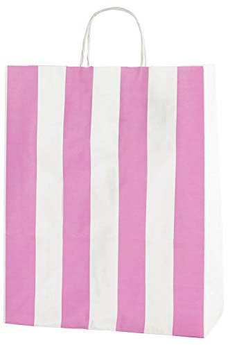 Thepaperbagstore 20 Sacchetti di Carta Colorata, Riciclabili e Riutilizzabili, con Manici Intrecciati, Strisce Bianche e Rosa - Medi 250x110x310mm