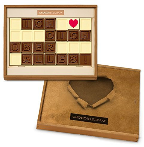 CHOCOLISSIMO - Liebes Geschenk für Sie, Ihn - Schokolade Geschenk - Schokoladenbotschaft in Holzbox - Geburtstag, Valentinstag, Weihnachten, Jahrestag für Frau, Mann - ICH LIEBE DICH ÜBER ALLES