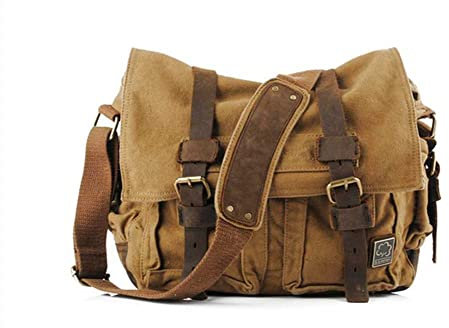 Sechunk Vintage Militär Leder Umhängetasche Canvas Laptop Tasche Retro Messenger Taschen (Gelb, Large-17‘’)