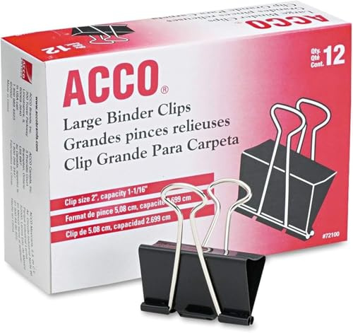 ACCO Brands Binder Clips, Large, 1 Box, 12 Clips/Box (72100)