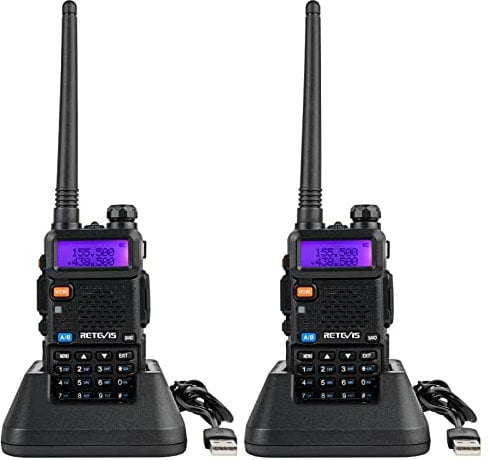Retevis RT5R Walkie Talkie Profesional, Banda Dual Largo Alcance 2 Vías Radio con Cargador de USB, 128 Canales Radio VOX FM Transceptor Portátil de Mano para Almacén, Caza (Negro, 2 Piezas)