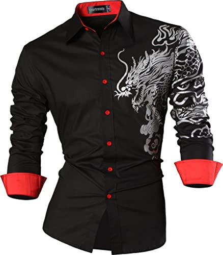 Sportrendy Men Casual Slim Dragon Tattoo Long Sleeve Button Down Dress Shirt JZS041 Black S