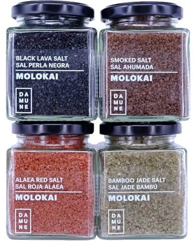 DAMUNE Sels Gourmet: Sel Noir Hawai-Molokai (200g), Sel Rouge Alaea Hawai-Molokai (200g), Sel Jade Bambou Hawai-Molokai (200g), Sel Fumé Hawai-Molokai (200)