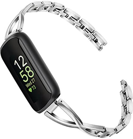 TRUMiRR Compatible for Fitbit Inspire 3/Inspire HR Strap, Solid Stainless Steel & Rhinestone Diamond Watchband Jewelry Strap Feminine Cuff Bracelet