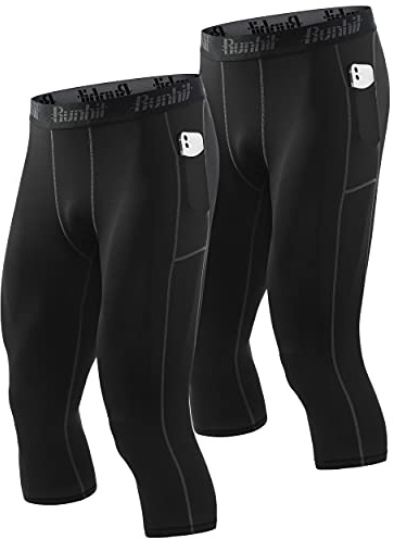 Runhit 3/4 Men's Compression Pants with Pockets,Workout Athletic Tights Leggings Athletic Base Layer Underwear, 2 Pack 3/4 Pants Pocket :Black 1, XX-Large