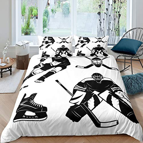 Loussiesd Jungen Eishockey Bettbezug Set für Kinder Hockeyspieler Gedruckte Betten Set Dekoratives Sportereignis Bettwäsche Set 135x200cm Schwarz Weiß Wintersport 2St. Bettwäsche