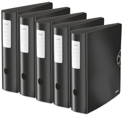 Leitz Qualitäts-Ordner 180° Active Solid, 5er Pack, A4, Breit, Abgerundeter Rücken, 8,2 cm breit, Gummibandverschluss, Leichtes Polyfoam, Plastik-Ordner, Schwarz, 10471095