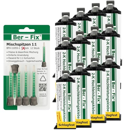 Ber-Fix Hochleistungskleber 2K MMA 30 Min 12x50g + 12 Düsen ohne Pistole | Hochleistungskleber 30 Min als 12x50g-Kartusche; passende Dosierpistole erforderlich, aber nicht enthalten.