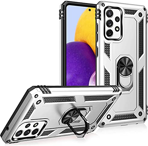 NALIA Panzerhülle für Samsung Galaxy A72 - Hülle, Silber | 2-lagiger Aufprallschutz, TPU-Kern mit PC-Außenschale, Integrierte Metallplatte, Griffig bei Nässe, RINGDEFEND