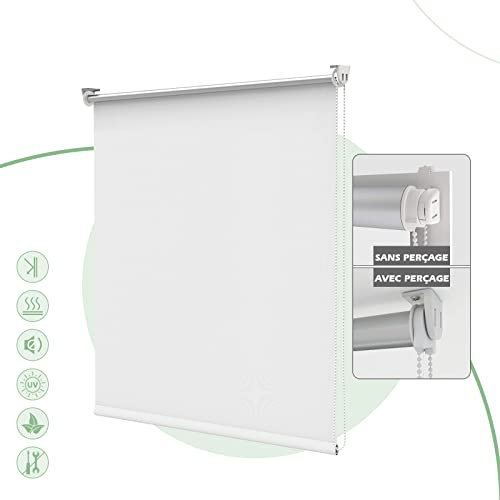 HOMEDEMO Store Enrouleur Occultant Isolant Thermique Opaque, Rideau, Fixation avec ou sans Perçage, 90 x 210 cm (Largeur du Tissu 86 cm), Blanc