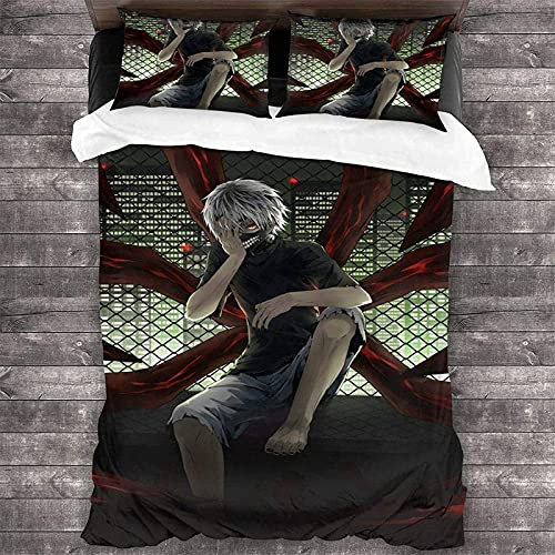 ANSSON Tokyo Ghoul Bettwäsche Kaneki Ken Kinder Bettbezüge und 2 Kissenbezug Anime Fanartikel Bettwäsche-Sets Mit Reißverschluss (155x220cm+80x80cmx2, Ghoul1)
