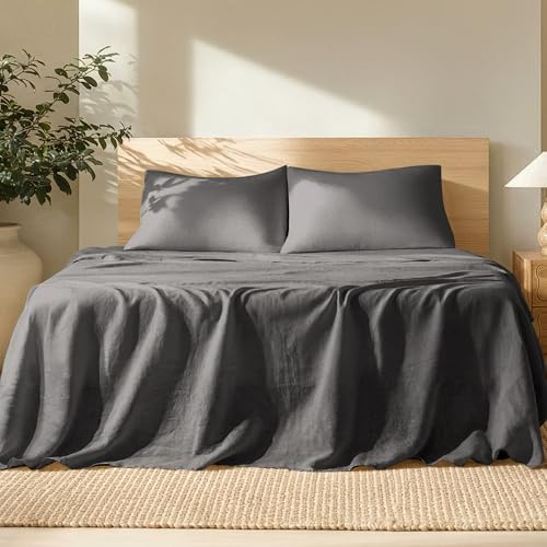 Bare Home Queen Sheet Set - Luxury 100% Linen Bed Sheets - Deep Pockets - Easy Fit - 4 Piece Set - Bedding Sheets & Pillowcases (Queen, Dark Grey)