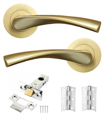 Infinity Decor Twisted Lever on Rose Modern Internal Door Handles Set with Options of Latch Lock Bathroom Door Pack - Satin Brass (Latch Pack)