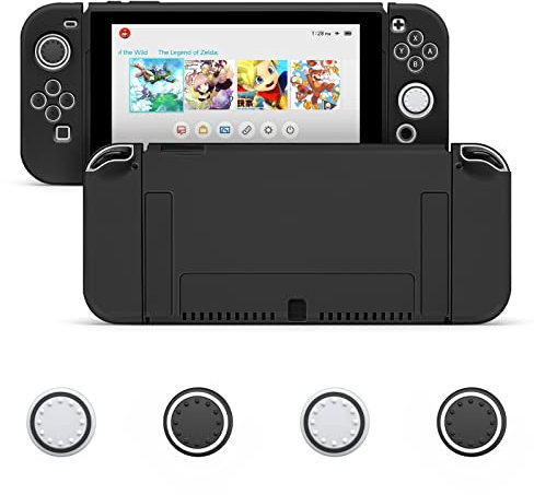 JINGDU Funda Protectora Compatible con Nintendo Switch OLED, Carcasa Switch Compatible con Switch OLED, Suave Protector de Interruptor de TPU con 4 Tapas,Negro