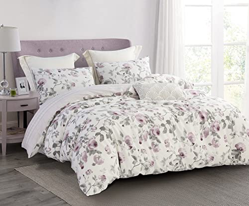 SLEEPBELLA Set copripiumino king size, cotone a 600 fili, stampa floreale rosa e grigio su sfondo bianco sporco, set di biancheria da letto da 3 pezzi (matrimoniale, bianco floreale)