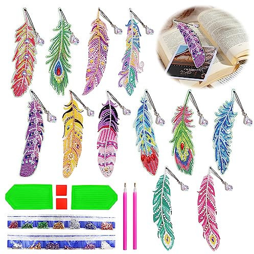 Lymshine Diamond Painting Lesezeichen Set Feder - 12 Stück 5D DIY Diamant Malerei Lesezeichen Diamant Painting Bookmark Kinder Erwachsene Mit Kristall Anhänger Für Mädchen Seiten Markierungen…