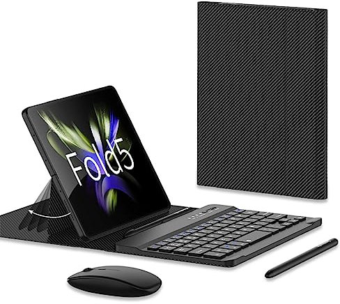 COQUE Support de Cas de téléphone Portable pour Samsung Galaxy Z Fold 5,Souris Bluetooth,Clavier,étui en Cuir,Stylet+Fente Stylo téléphone Bureau kit-Fibre Carbone