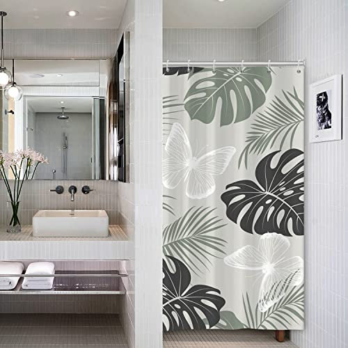 Bovlleetd Petit Rideau de Douche Palmier Tropical Feuilles de Monstera Papillons Blancs Rideaux de Baignoire décoratifs Accessoires de Salle de Bain en Tissu Polyester imperméable 92x183cm