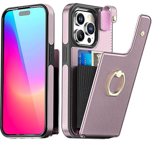 AICase Custodia Porta Carte Compatibile con iPhone 15 Pro,Custodia Protettiva in Pelle a Portafoglio per Donna con Cavalletto ad Anello e 8 Slot per Carte di Credito, Oro Rosa
