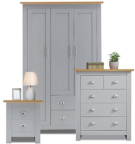 Bedroom Wardrobe Sets With 3 Door Wardrobe & 3+2 Drawer Chest of Drawer + 2 Drawer Bedside Table Cabinet Bedroom Set for 3 Piece Bedroom Storage furniture Set, White & Oak