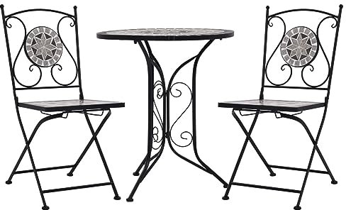 Homgoday 3-TLG. Bistro-Set Gartenmöbel Set Sitzgruppe Stühle und Tisch Essgruppe Gartengarnitur Balkonset Garnitur für Hof Garten Terrasse und Balkon Mosaik Keramik Grau